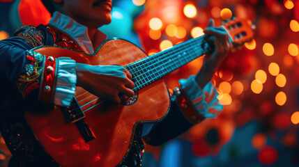 Obraz premium Close-up of a mariachi performer playing guitar, vibrant lights in the background.
