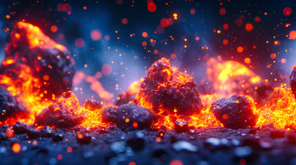 Fiery Essence: Glowing Coals and Flames in a Dark Background, Capturing the Intense Heat and Energy of Fire