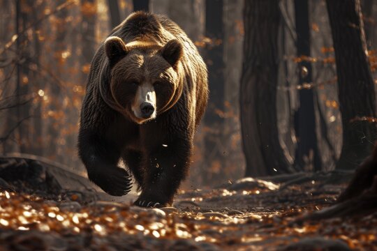 View of wild bear bear walking in forest.
