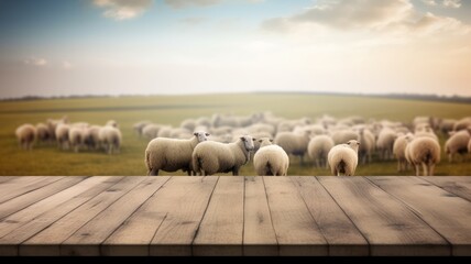 The empty wooden brown table top with blur background of sheep pasture. Exuberant image. generative AI
