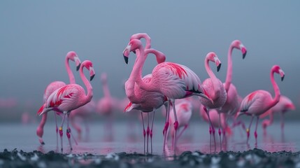 Beautiful flamingos walking in the water.