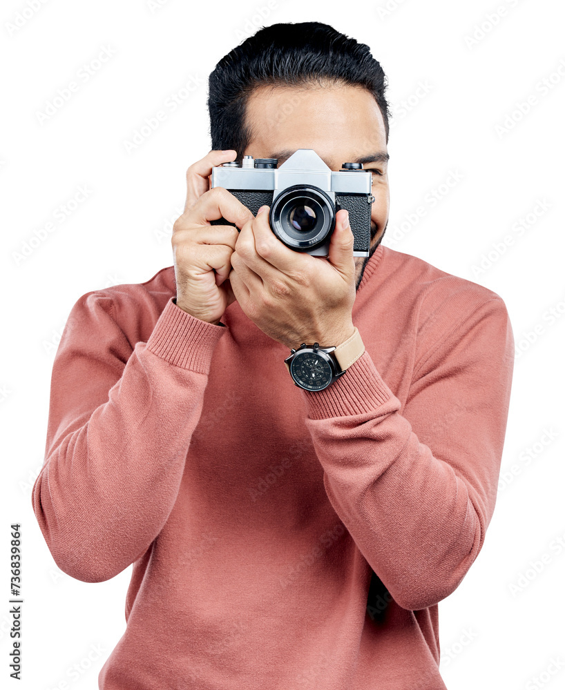 Wall mural Photographer, camera and lens with man, smile and art career isolated on transparent png background. Face of creative professional, artist and photography in media production with happy memory.