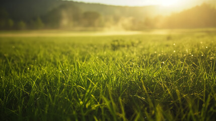 Emerald Haven: A Bird's Eye Vista of a Serene Lush Meadow, Bursting with Vibrant Greenery and the Velvety Texture of Grass, Bathed in the Gentle Glow of Morning Sunlight - Nature's Tranquil Elegance