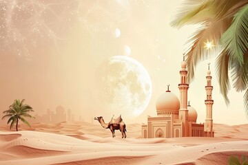 amadan Mubarak Background Poster Template Design With Mosque,Camel,Date Palm Backgrounds 