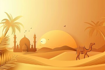 amadan Mubarak Background Poster Template Design With Mosque,Camel,Date Palm Backgrounds 