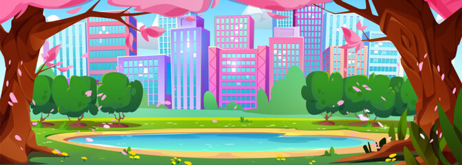 City public park with little lake, pink flowering trees and green grass on shore surrounded by high rise buildings. Cartoon vector panoramic spring urban landscape with water pond in downtown garden.