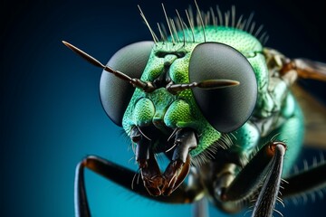 Close-up of a green fly with detailed compound eyes and bristles.