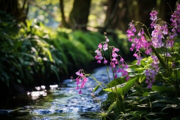 Wild pink flowers blooming beside a serene forest stream.