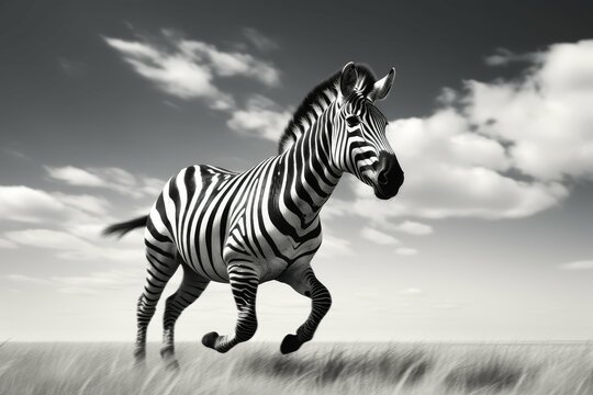 Black and white image of a zebra running in the wild.