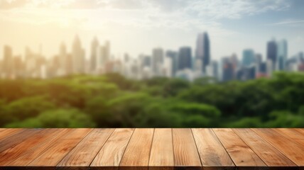 Naklejka na ściany i meble The empty wooden table top with blur background of nature skyline. Exuberant image. generative AI