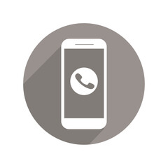 Telephone icon in brown circle with side shadow.