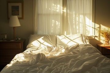 Fototapeta premium Warm morning sunlight streaming through the curtains onto a messy bed.