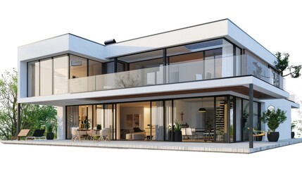 Fototapeta na wymiar modern affordable house, bright daylight, suburban environment, ultra realistic, super detailed, 3D rendering, white background 