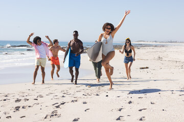 Fototapeta premium Diverse friends enjoy a day at the beach