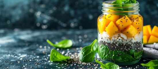 a jar filled with spinach , chia seeds and mango slices . High quality - obrazy, fototapety, plakaty