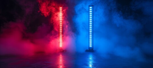 Red and blue colors lamp light. Symbolizes the America presidential election democracy choice. Generative AI technology. - obrazy, fototapety, plakaty