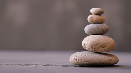 Fototapeta na wymiar An artistic minimalist shot of a perfectly arranged stack of pebbles against a neutral background