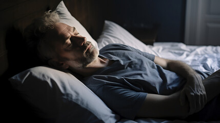 Peaceful Man Sleeping Soundly in a Comfortable Bed. Restful Sleep and Healthy Lifestyle Concept