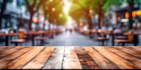 The empty wooden table top with blur background of street in downtown business district with people walking. Exuberant image. generative AI - obrazy, fototapety, plakaty