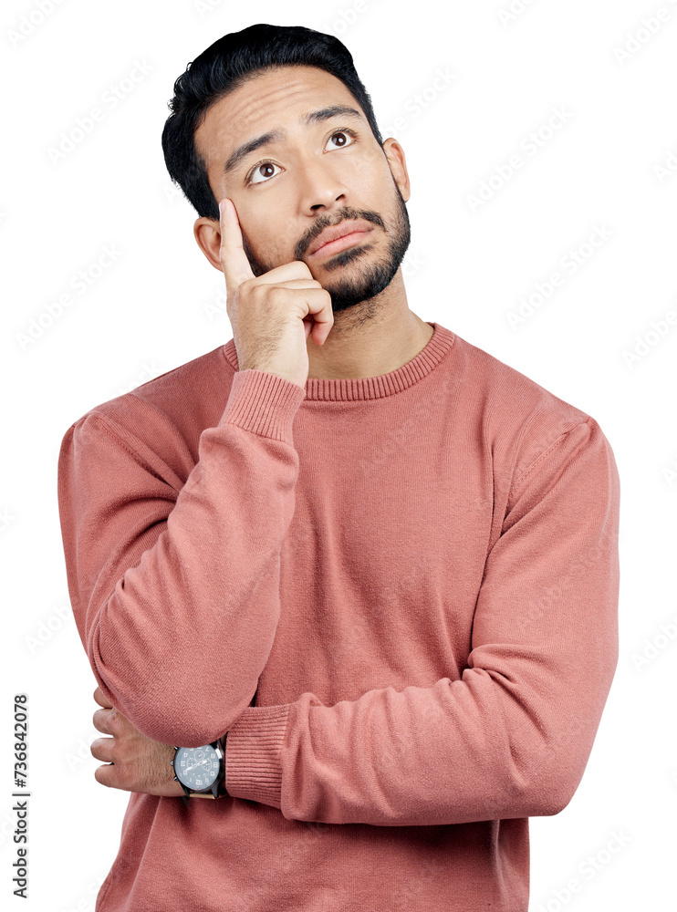 Aufkleber Ideas, thinking and young man with plan, decision and choice facial expression for question. Confused, brainstorming and Asian person with problem solving face isolated by transparent png background.
