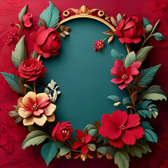 Vintage frame with flowers and leaves on red background. 3d render