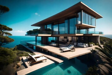 Fototapeta premium Coastal Villa with Panoramic Ocean Views, Where Architectural Sophistication Meets Breathtaking Scenery for a Serene Escape