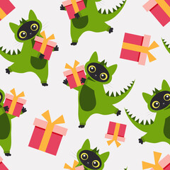 A cute cat in a dragon costume with gifts form a festive New Year pattern for wrapping paper, modern children's textiles. 