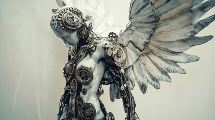 A gothic angel with a steampunk twist its body covered in gears and mechanical parts and its wings resembling a fan made of metal.