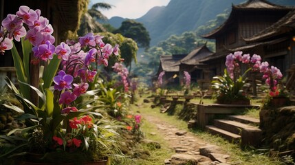 _orchid_yard_in_front_of_hilly_village__4K__UHD_Real ai generative image