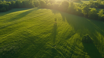 Soothing Greens: A Tranquil Bird's Eye View of a Lush Meadow, Vibrant Greenery, and the Invigorating Texture of Grass in the Warm Embrace of Morning Sunlight - Natural Bliss