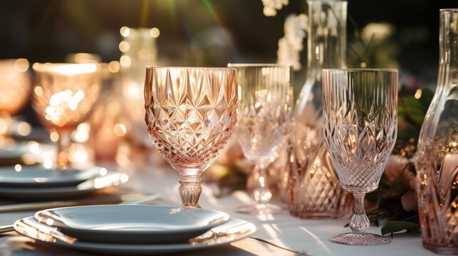 Sparkling_glassware_stands_on_long_table_prepared_for party ai  generative high quality image