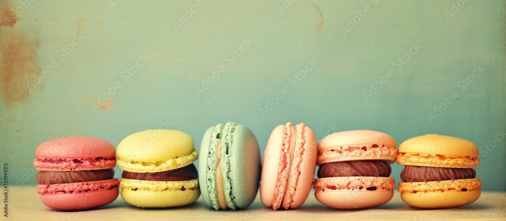 Poster a row of vibrant macarons displayed on a wooden table, presenting a colorful array of baked goods ma