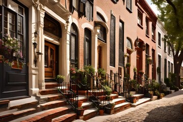 quaint cobblestone street lined with historic townhouses, each adorned with unique details and charming facades, encapsulating the timeless beauty of classic urban exteriors.