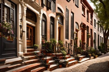 Fototapeta premium quaint cobblestone street lined with historic townhouses, each adorned with unique details and charming facades, encapsulating the timeless beauty of classic urban exteriors.