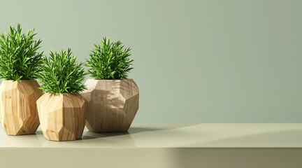 Three tropical indoor plants in modern design wooden pot on table countertop counter in sunlight, shadow on green background for organic luxury beauty, skincare, cosmetic, body care product display 3D - obrazy, fototapety, plakaty