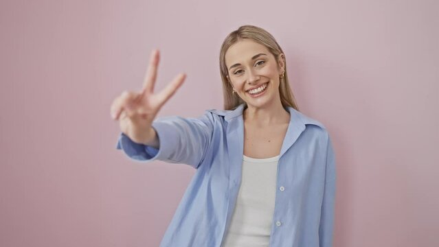 Blonde bombshell winning! young woman in shirt flashing a v for victory with two fingers, smiling vibrantly over isolated pink background