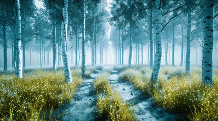 Enchanted Forest Path: Mystical Autumn Woods Shrouded in Fog, A Journey Through Natures Magical and Mysterious Beauty