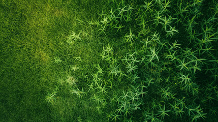 Serenity in Green: A Bird's Eye View of a Lush Green Meadow, Vibrant Foliage, and Textured Grass Bathed in Warm Morning Sunlight - Natural Tranquility