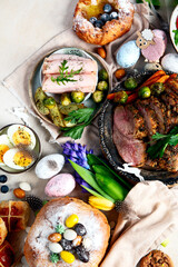 Easter dinner. Traditional food. Family spring event.