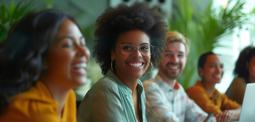 Fototapeta premium Group, boardroom and business portrait in an office for collaboration, teamwork and sustainability. Confident, empowerment and diverse staff sitting together for meeting and leadership in workplace