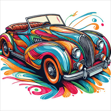 Abstract retro car cabriolet from multicolored paints colorful drawing vector illustration 