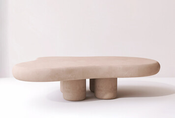 Modern, cute blank brown stone Japandi design table podium in sunlight for minimal luxury organic beauty, cosmetic, skincare, body care product display background 3D