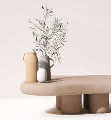 Modern, cute blank brown stone Japandi design table podium with tree twig in ceramic vase in sunlight for minimal luxury organic beauty, cosmetic, skincare, body care product display background 3D