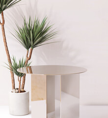 Modern and minimal shiny gold pedestal table podium with dracaena tree in sunlight in white room for luxury modern beauty, cosmetic, skincare, body care, fashion product display background 3D