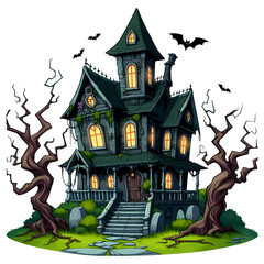 halloween haunted house with pumpkin and tree without background AI generated 