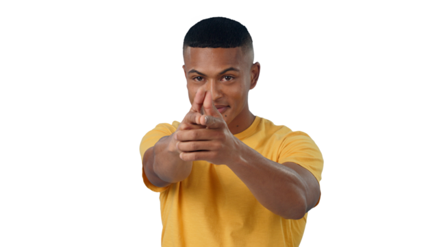 Portrait, finger gun and man aim at pretend target isolated on transparent png background. Face, hand gesture and person pointing pistol for shooting game with smile, danger and playing with courage.