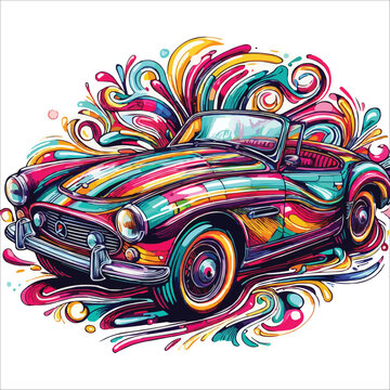 Abstract retro car cabriolet from multicolored paints colorful drawing vector illustration 