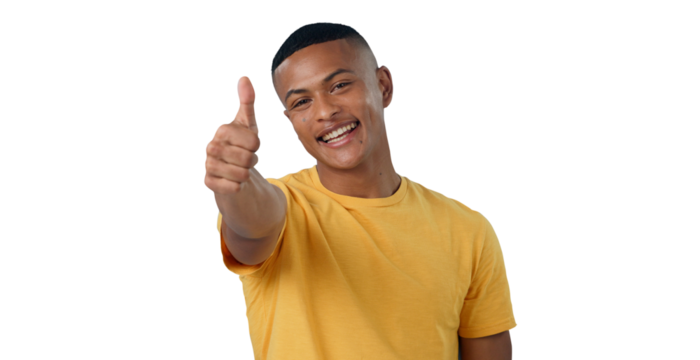 Thumbs up, portrait and happy man with winner sign on isolated, transparent or png background. Success, hands or face of model with yes emoji for feedback, review or motivation, thank you or support