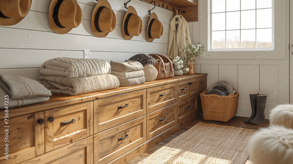 Poster a detailed image of a mudroom organization system with a row of drawers and cabinets providing ample