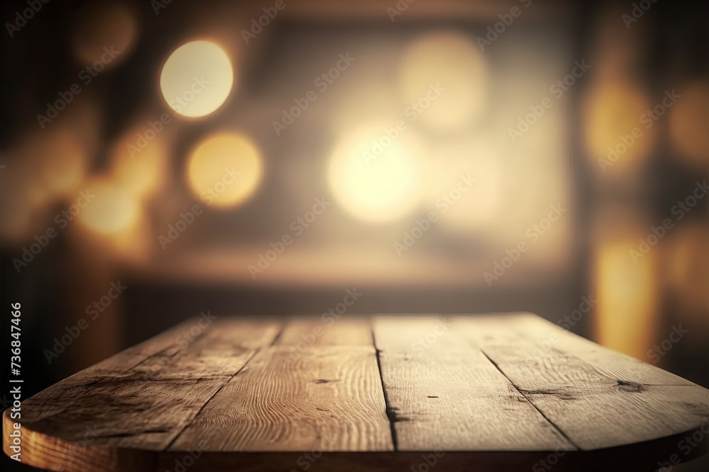 Poster wooden table blurred background of restaurant of cafe with bokeh. flawless generative ai